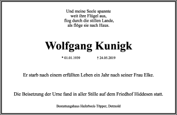 Anzeige  Wolfgang Kunigk  Lippische Landes-Zeitung