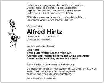 Anzeige  Alfred Hintz  Lippische Landes-Zeitung