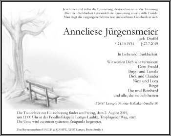 Anzeige  Anneliese Jürgensmeier  Lippische Landes-Zeitung