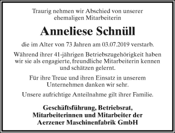 Anzeige  Anneliese Schnüll  Lippische Landes-Zeitung
