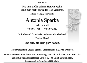 Anzeige  Antonia Sparka  Lippische Landes-Zeitung