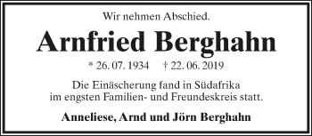 Anzeige  Arnfried Berghahn  Lippische Landes-Zeitung