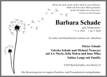 Anzeige  Barbara Schade  Lippische Landes-Zeitung