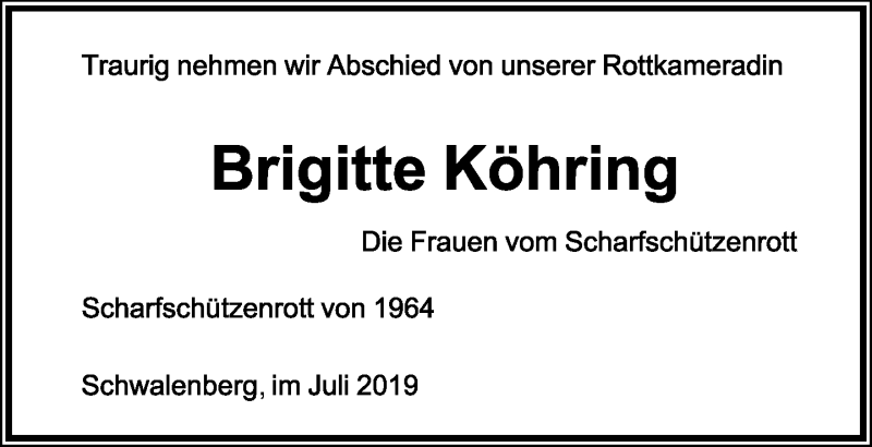  Traueranzeige für Brigitte Köhring vom 06.07.2019 aus Lippische Landes-Zeitung