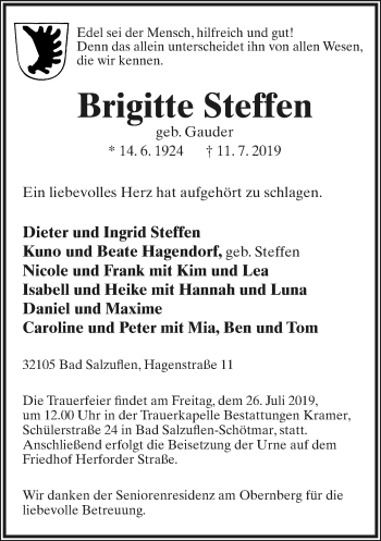 Anzeige  Brigitte Steffen  Lippische Landes-Zeitung