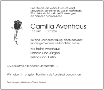 Anzeige  Camilla Avenhaus  Lippische Landes-Zeitung