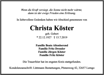 Anzeige  Christa Köster  Lippische Landes-Zeitung