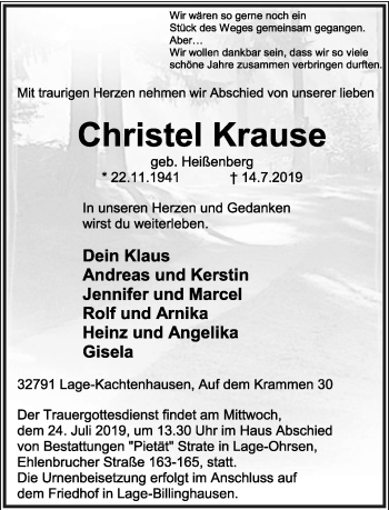 Anzeige  Christel Krause  Lippische Landes-Zeitung