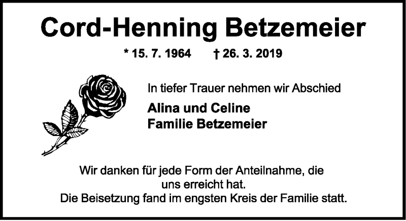  Traueranzeige für Cord-Henning Betzemeier vom 06.07.2019 aus Lippische Landes-Zeitung