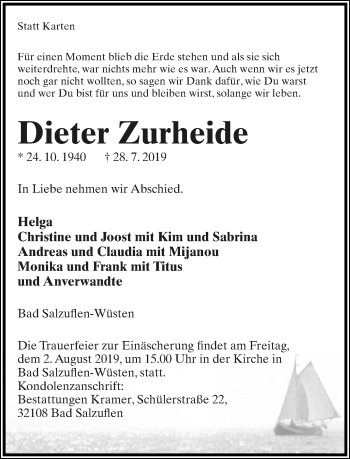 Anzeige  Dieter Zurheide  Lippische Landes-Zeitung