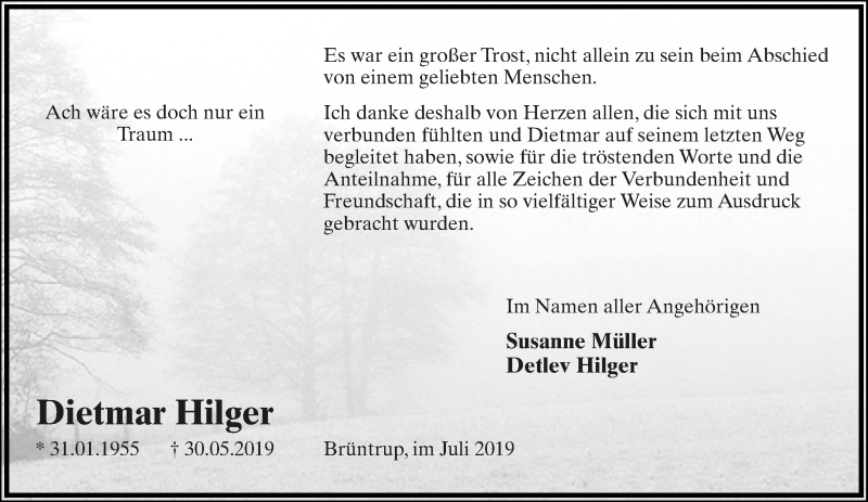  Traueranzeige für Dietmar Hilger vom 06.07.2019 aus Lippische Landes-Zeitung