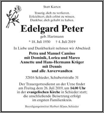 Anzeige  Edelgard Peter  Lippische Landes-Zeitung