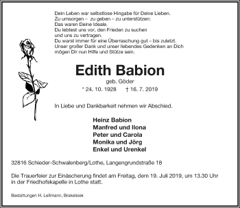 Anzeige  Edith Babion  Lippische Landes-Zeitung