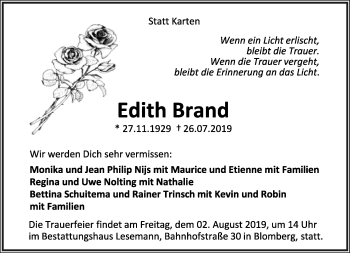 Anzeige  Edith Brand  Lippische Landes-Zeitung