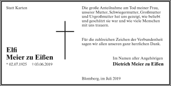 Anzeige  Elfi Meier zu Eißen  Lippische Landes-Zeitung