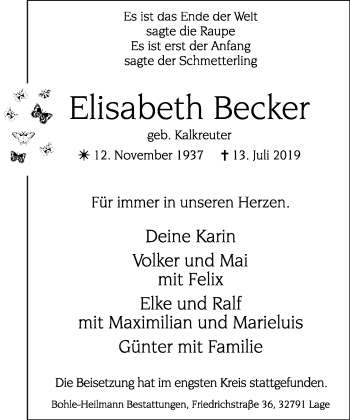 Anzeige  Elisabeth Becker  Lippische Landes-Zeitung