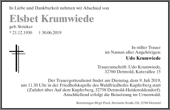 Anzeige  Elsbet Krumwiede  Lippische Landes-Zeitung