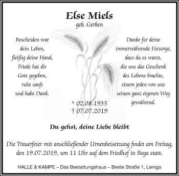 Anzeige  Else Miels  Lippische Landes-Zeitung