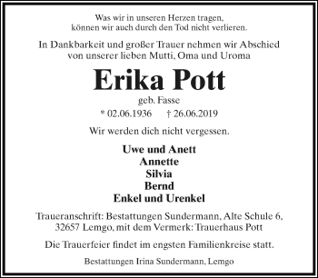 Anzeige  Erika Pott  Lippische Landes-Zeitung