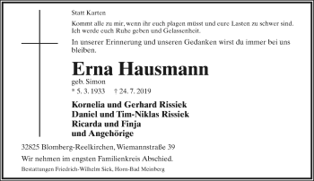 Anzeige  Erna Hausmann  Lippische Landes-Zeitung