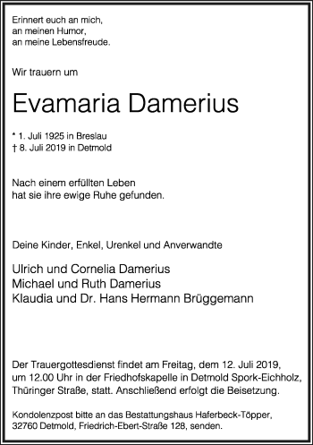 Anzeige  Evamaria Damerius  Lippische Landes-Zeitung
