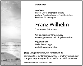 Anzeige  Franz Wilhelm  Lippische Landes-Zeitung
