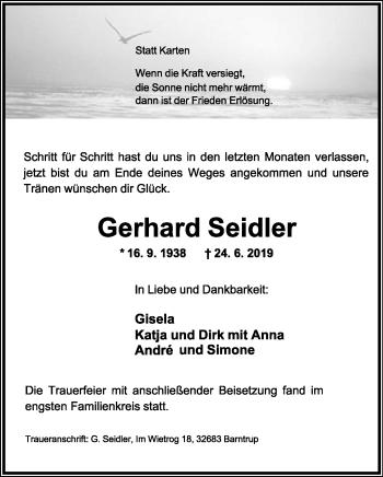 Anzeige  Gerhard Seidler  Lippische Landes-Zeitung