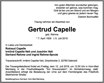 Anzeige  Gertrud Capelle  Lippische Landes-Zeitung