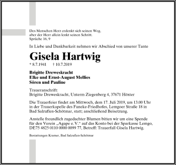Anzeige  Gisela Hartwig  Lippische Landes-Zeitung