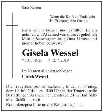 Anzeige  Gisela Wessel  Lippische Landes-Zeitung