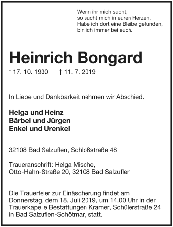 Anzeige  Heinrich Bongard  Lippische Landes-Zeitung