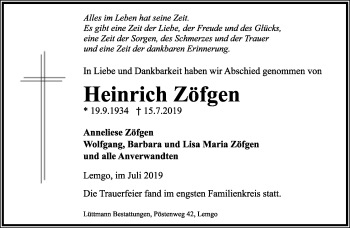 Anzeige  Heinrich Zöfgen  Lippische Landes-Zeitung