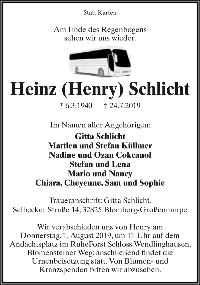  Traueranzeige für Heinz Schlicht vom 27.07.2019 aus Lippische Landes-Zeitung
