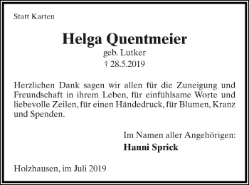 Anzeige  Helga Quentmeier  Lippische Landes-Zeitung