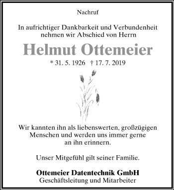 Anzeige  Helmut Ottemeier  Lippische Landes-Zeitung
