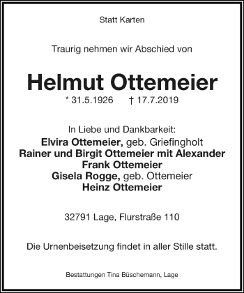 Anzeige  Helmut Ottemeier  Lippische Landes-Zeitung
