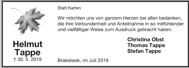  Traueranzeige für Helmut Tappe vom 06.07.2019 aus Lippische Landes-Zeitung