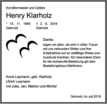 Anzeige  Henry Klarholz  Lippische Landes-Zeitung