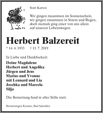 Anzeige  Herbert Balzereit  Lippische Landes-Zeitung