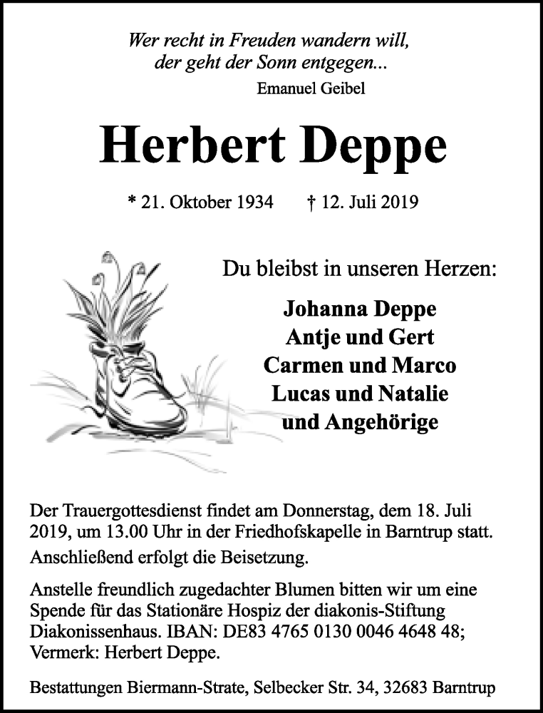 Traueranzeige für Herbert Deppe vom 15.07.2019 aus Lippische Landes-Zeitung