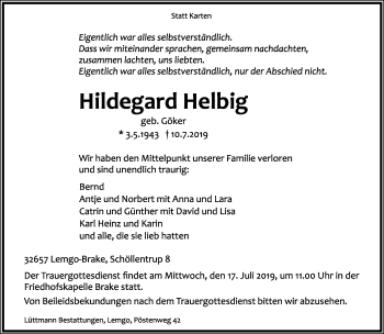 Anzeige  Hildegard Helbig  Lippische Landes-Zeitung