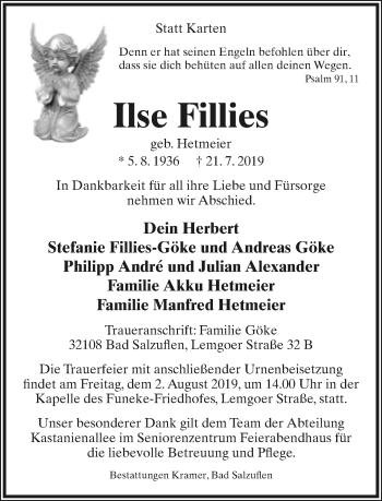 Anzeige  Ilse Fillies  Lippische Landes-Zeitung