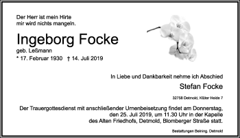 Anzeige  Ingeborg Focke  Lippische Landes-Zeitung
