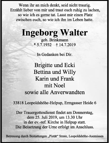 Anzeige  Ingeborg Walter  Lippische Landes-Zeitung