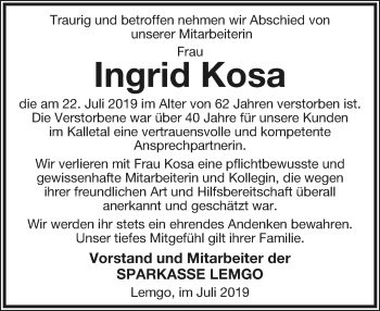 Anzeige  Ingrid Kosa  Lippische Landes-Zeitung