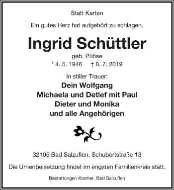 Anzeige  Ingrid Schüttler  Lippische Landes-Zeitung