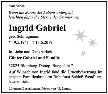 Anzeige  Ingrid Gabriel  Lippische Landes-Zeitung