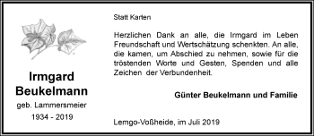 Anzeige  Irmgard Beukelmann  Lippische Landes-Zeitung