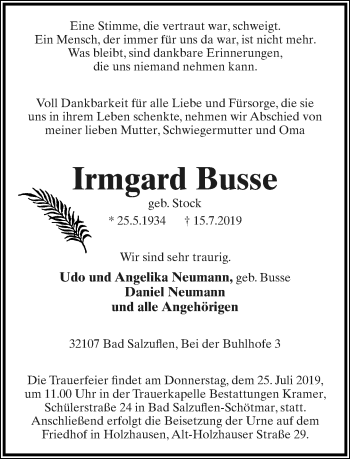 Anzeige  Irmgard Busse  Lippische Landes-Zeitung