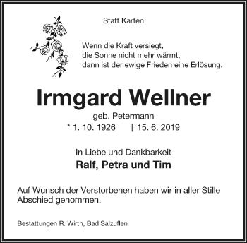 Anzeige  Irmgard Wellner  Lippische Landes-Zeitung
